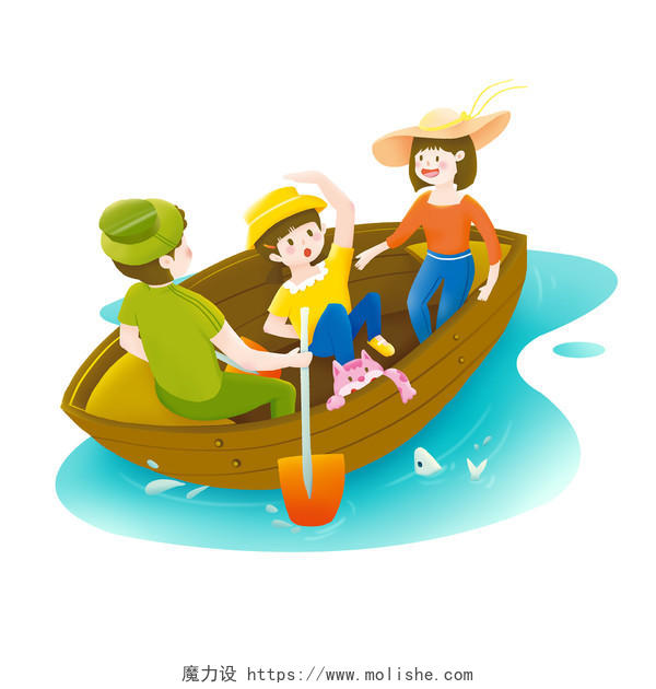 春天旅游亲子划船家人踏青游玩手绘插画元素